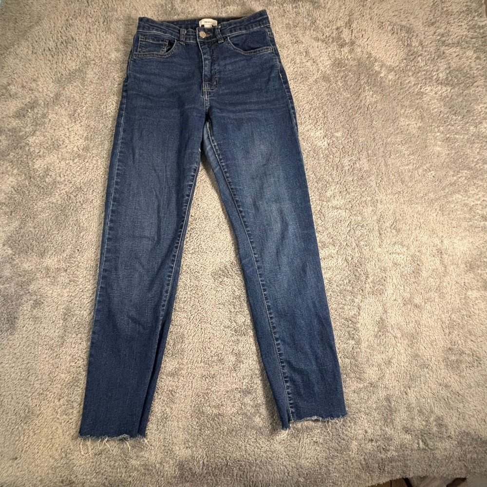 Forever 21 High Rise Skinny Jeans Medium Wash Raw Hem Size 27